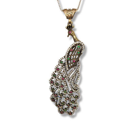 EMERALD RUBY ZIRCON PEACOCK PENDANT 925 18" - Picture 1 of 11